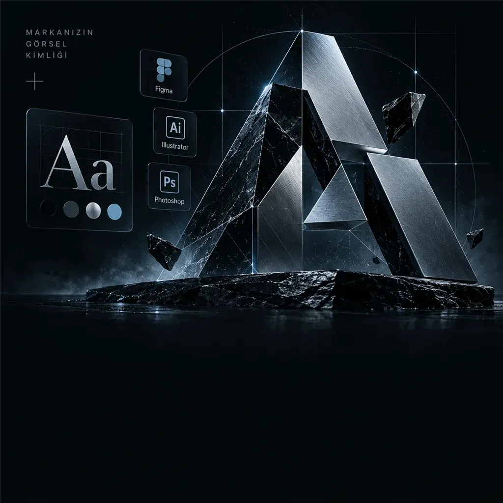 Grafik tasarım görseli: taş kaide üzerinde metal ve obsidyenden geometrik bir marka işareti, yanında Figma, Illustrator ve Photoshop etiketleri ile renk ve yazı örnekleri; 'Markanızın görsel kimliği' yazısı