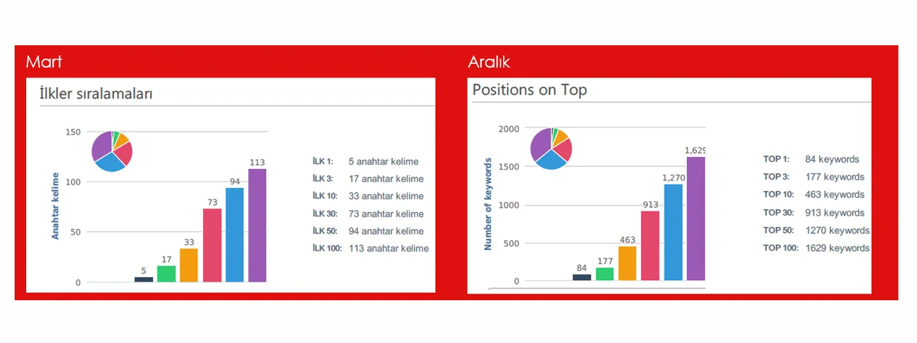 Anahtar kelime sıralama grafiği, mart–aralık: ilk sıra 5’ten 84’e, ilk 10 sonuç 33’ten 463’e, ilk 100 sonuç 113’ten 1.629’a.