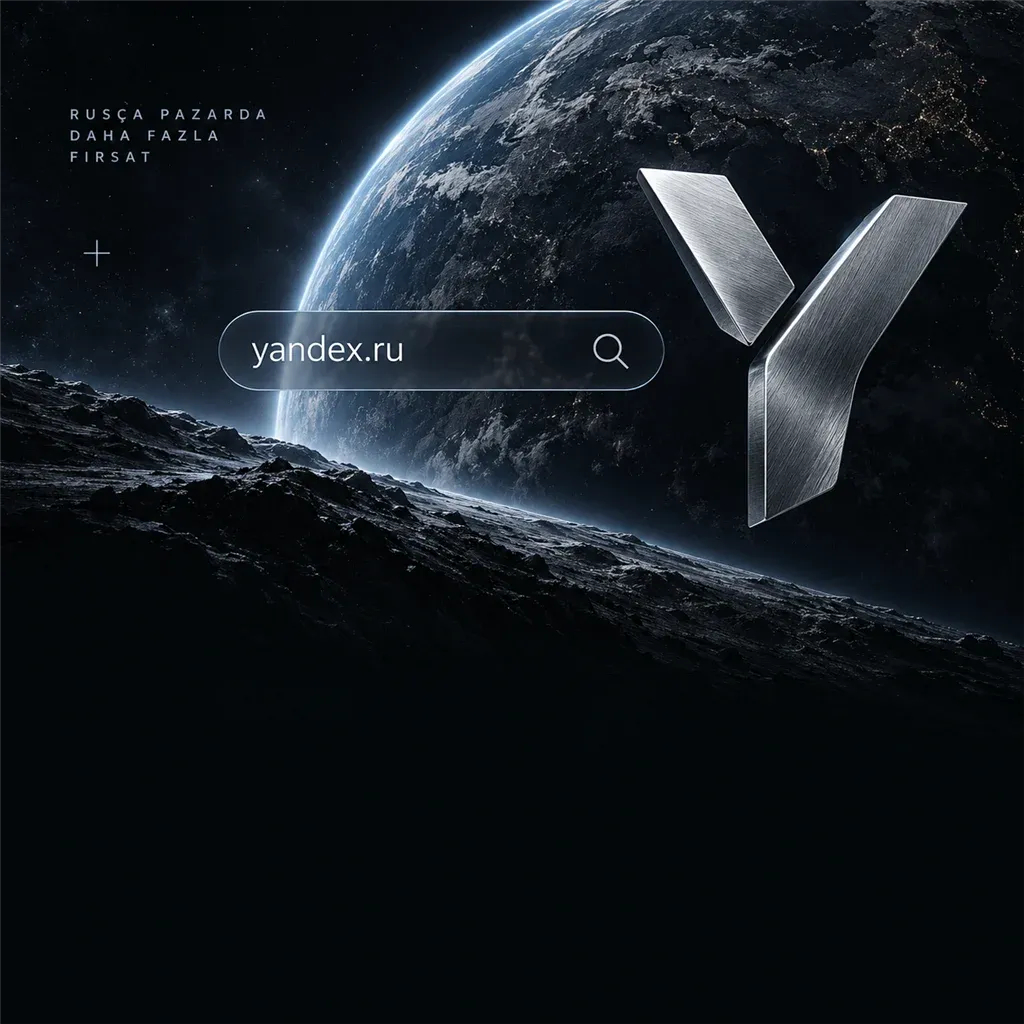 Yandex Direct görseli: yörüngeden görülen Dünya, gümüş Yandex logosu ve yandex.ru yazılı arama çubuğu; 'Rusça pazarda daha fazla fırsat' yazısı